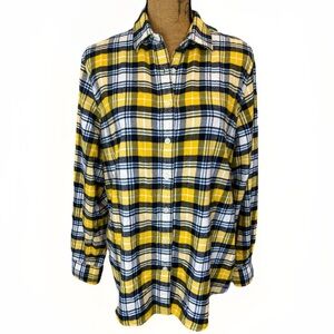 Lands' End 100% Cotton Flannel Button Down Shirt 90s Yellow Plaid Size 16